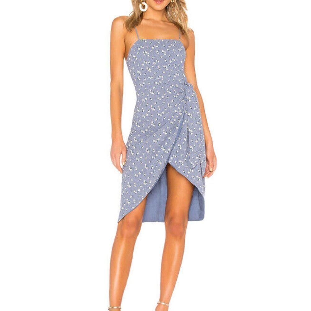 Majorelle Anna Dress Blue Ditsy Mini Faux Wrap Womens Size L Boho Floral Linen